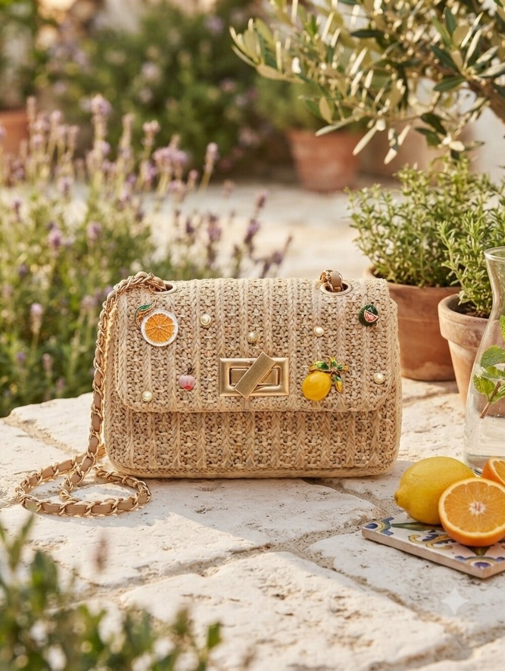 Aldo Woven Straw Crossbody Bag with Fruit Charms - Beige